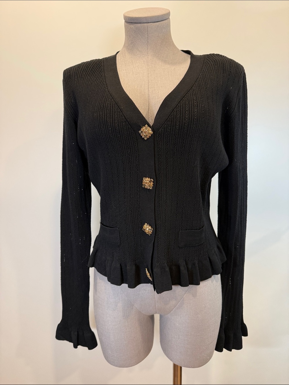 Sweetkama Black Ruffle Cardigan with Jeweled Buttons XL NWT